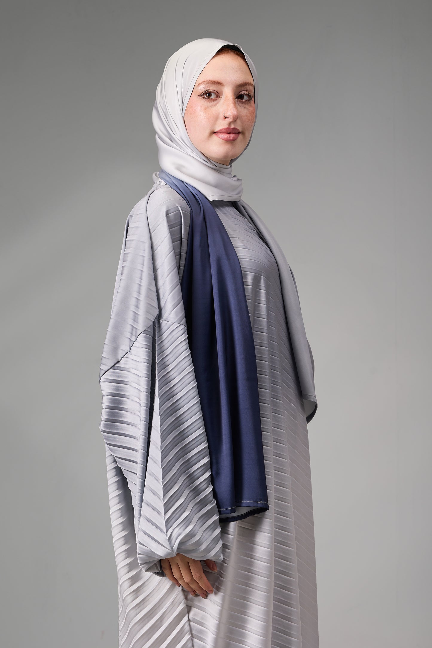 Gray to Navy pleated satin