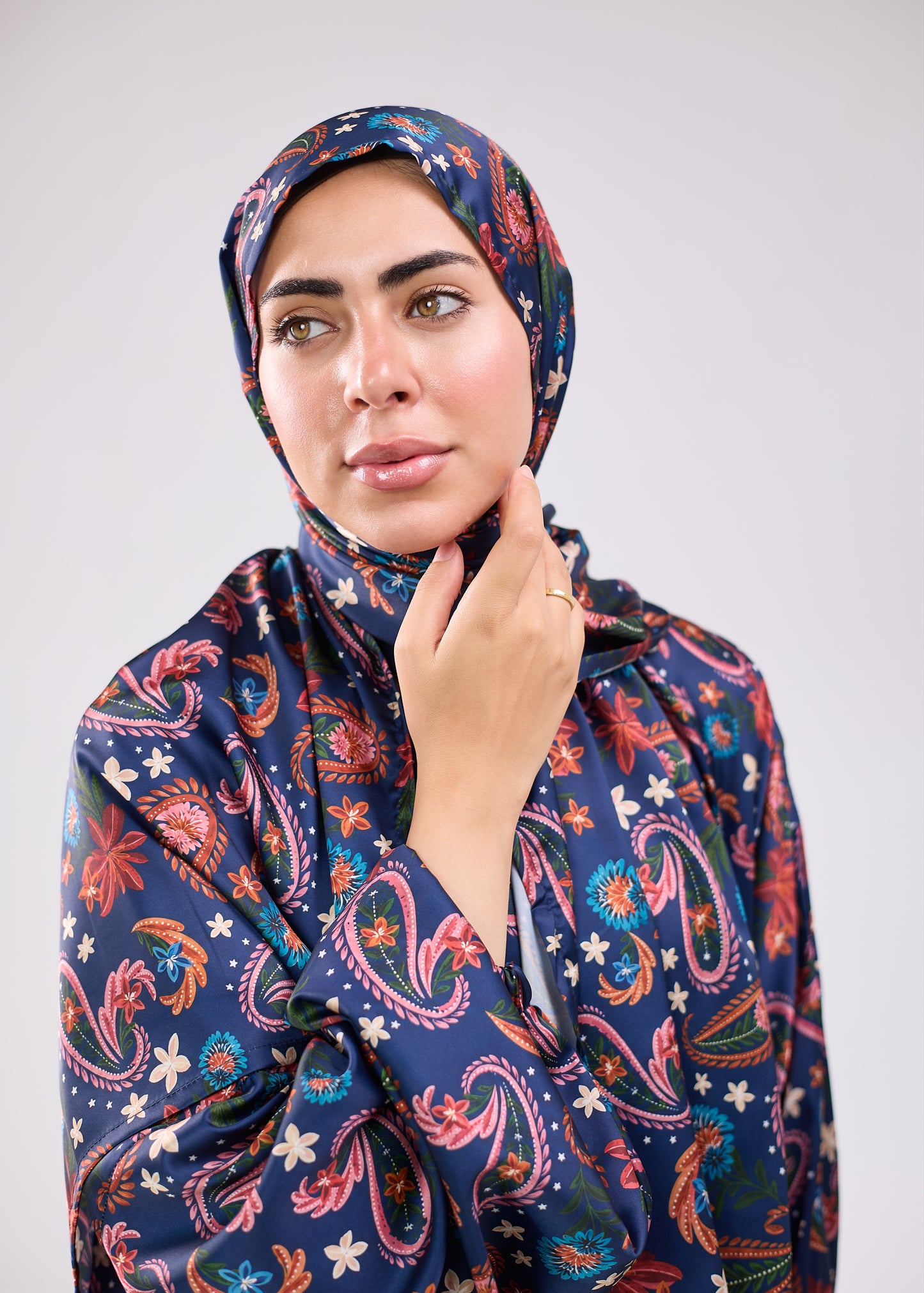 Navy Bloom Paisley Printed satin