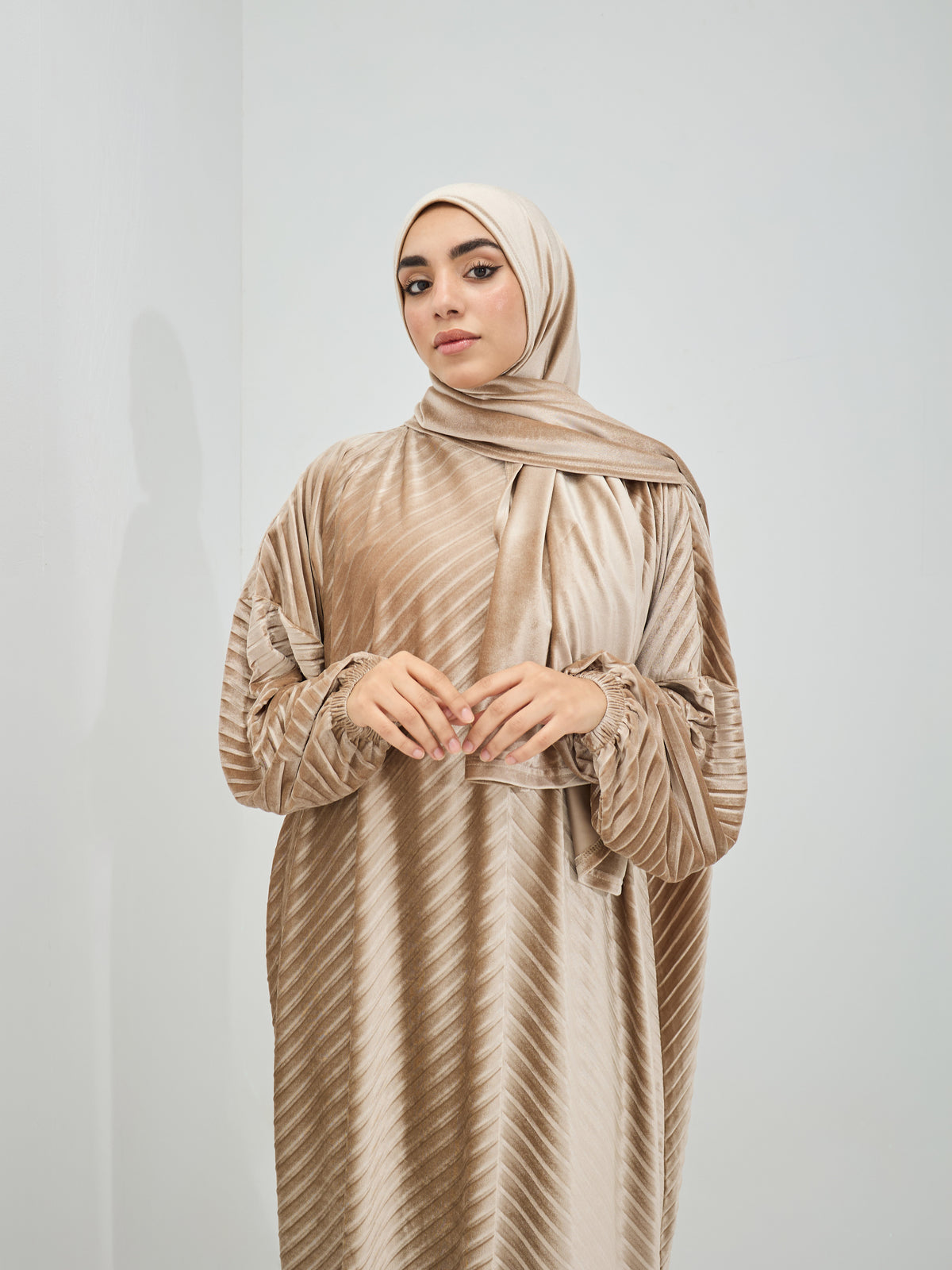 Sand Beige Velvet Pleated