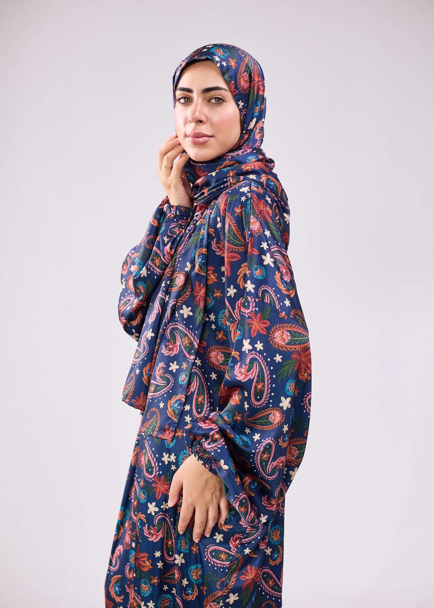 Navy Bloom Paisley Printed satin