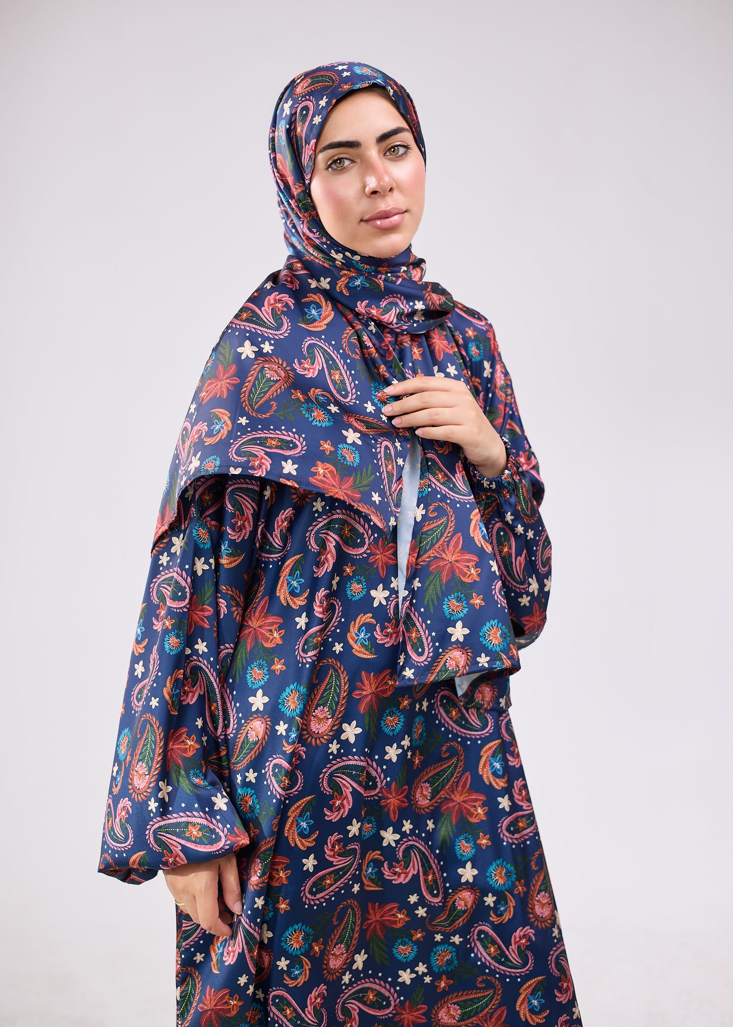 Navy Bloom Paisley Printed satin