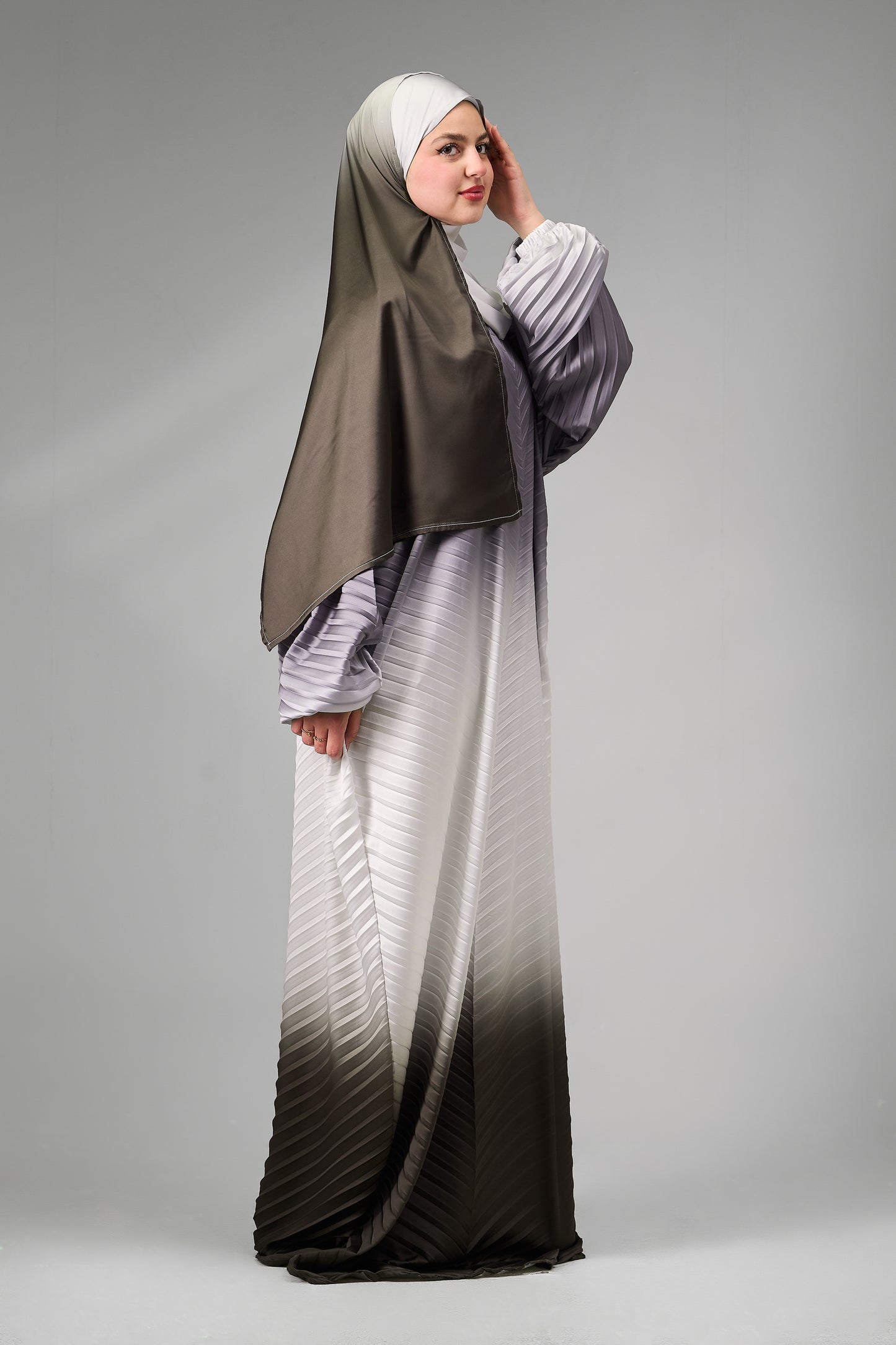 Gray to Dark Olive pleated satin