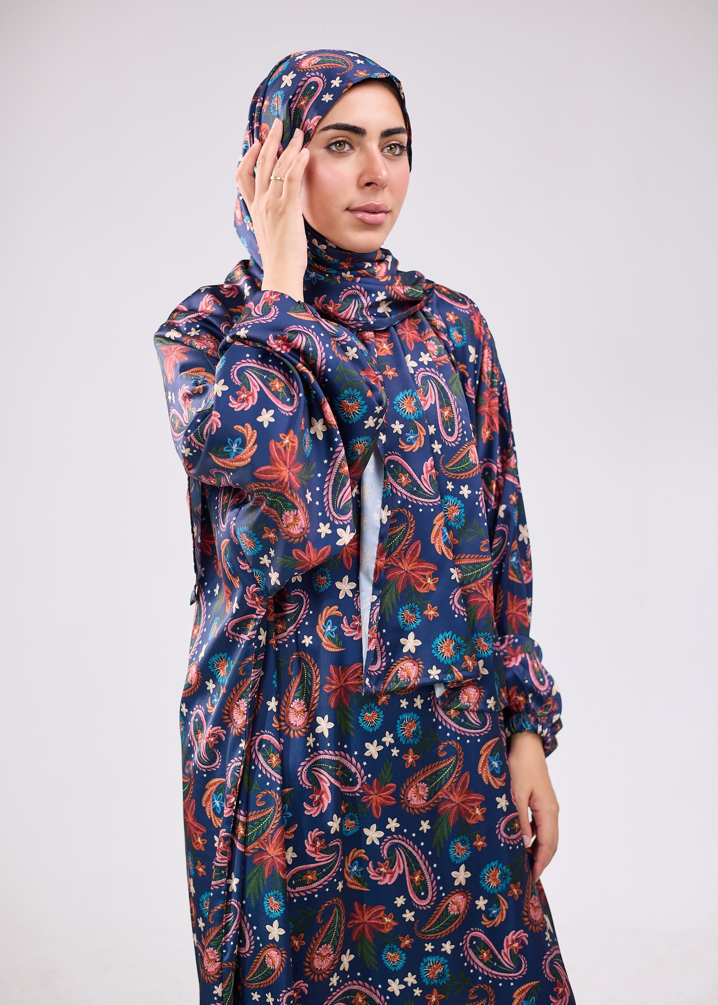 Navy Bloom Paisley Printed satin