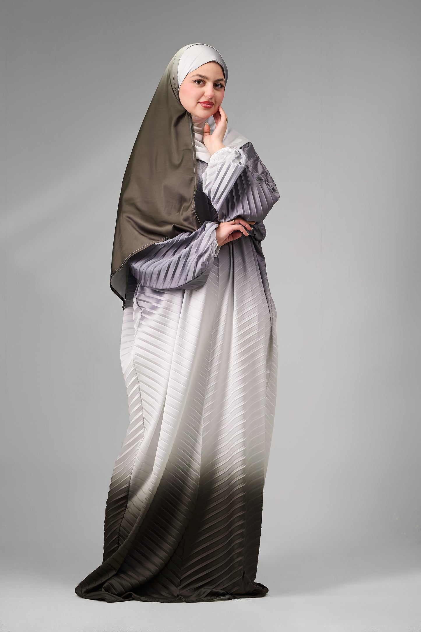Gray to Dark Olive pleated satin